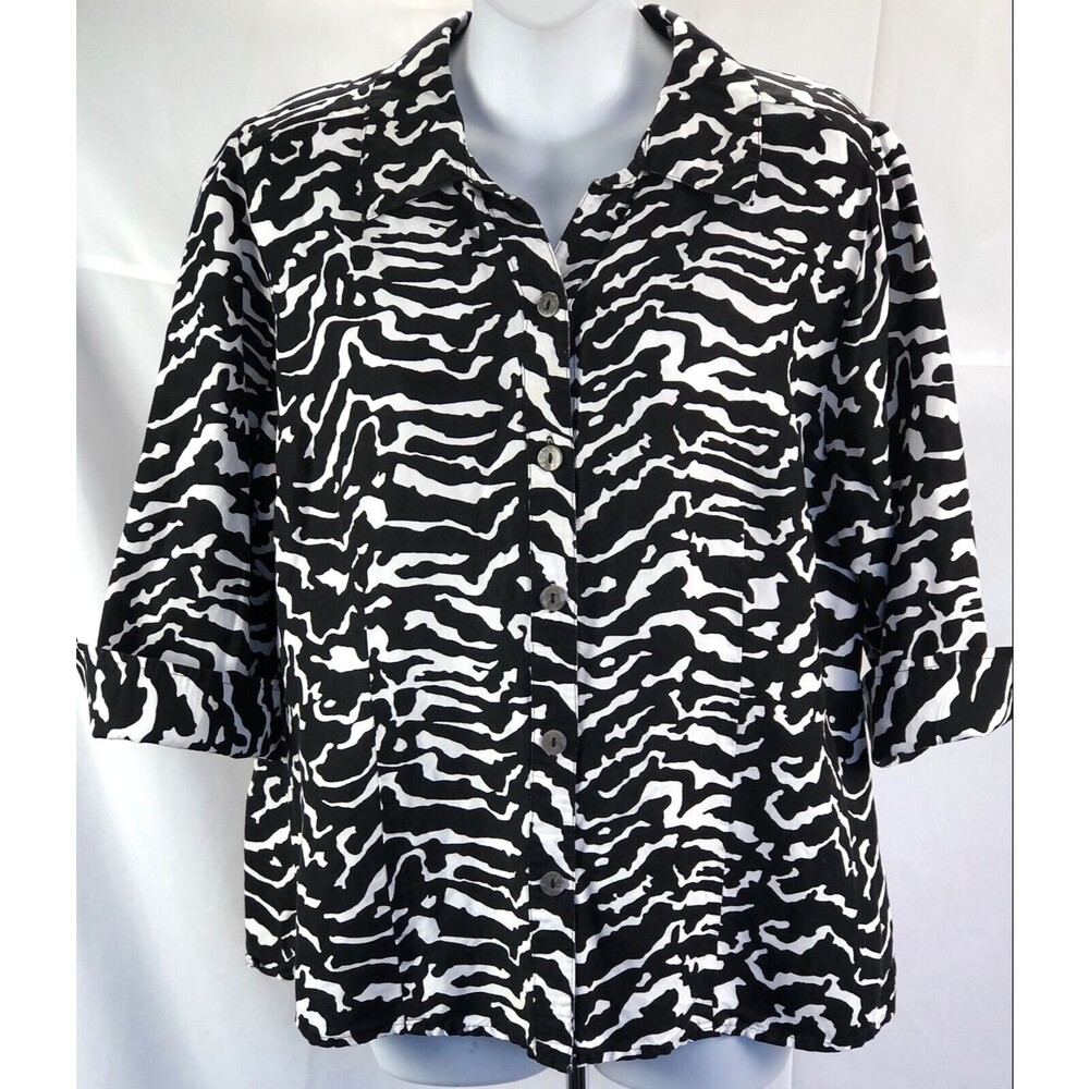 East 5th Linen Top XL Blk/Wht Zebra Button Up Cuff 3/4 Sleeves Collar